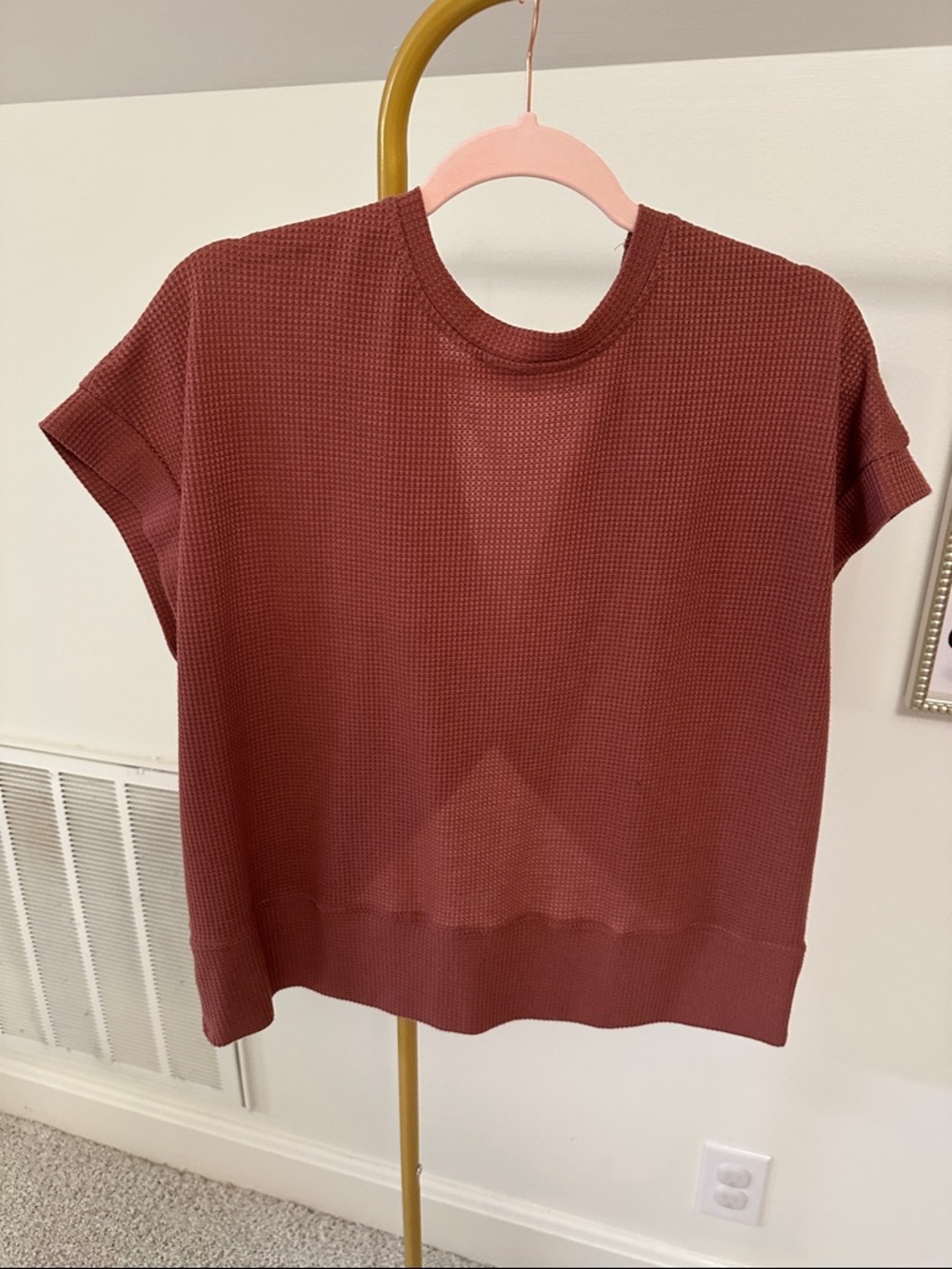 SHEIN Waffle Knit Short Sleeve Top - Brick Red